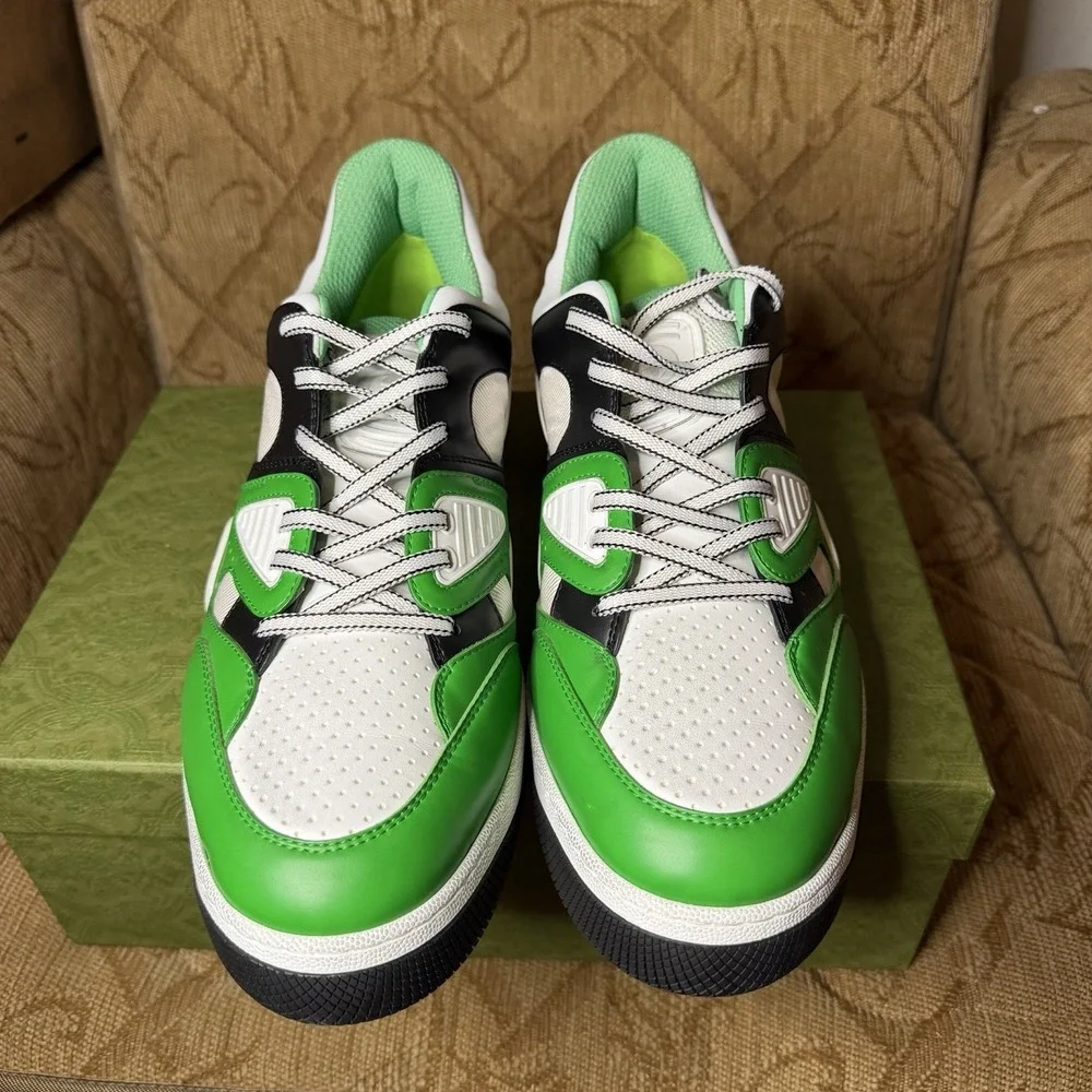 GUCCI Sneakers Men's UK 15 Basket Style Low Top Shoes Green White DEMETRA $950